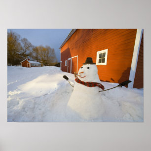 Póster Boneco de neve na frente do celeiro vermelho em