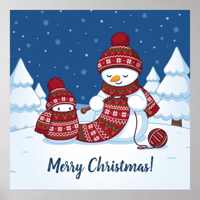 Póster Boneco de Neve Tricotando Cachecol de Natal (Frente)
