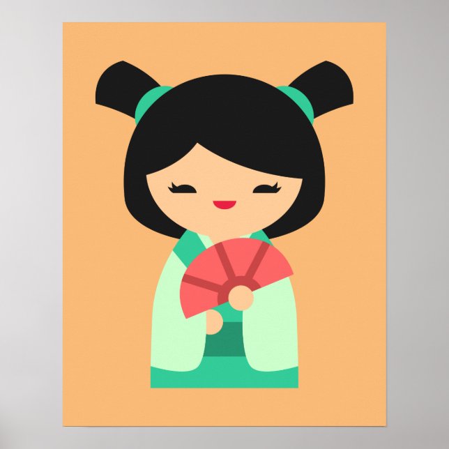 Poster bonecos japoneses cor-de-rosa aqua Kokeshi (Frente)