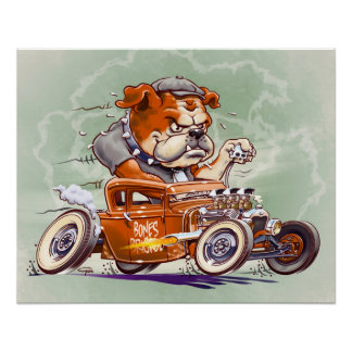 Póster Bones Brigade - Bulldog in Hot Rod - Cartoon -