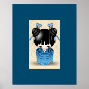 Póster Bonita Boneca Japonesa Kokeshi Vestida De Azul