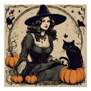 Póster Bonita Bruxa de Halloween Vintage com Gato Negro