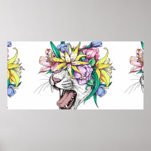 Poster Bonita cabeça de gato selvagem de desenho em uma 