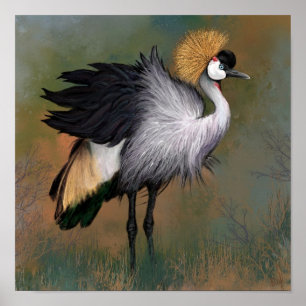Poster Bonita Cinza Crowned Crane - Arte de Pintura Migra