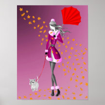 Bonita Dama e Cachorro de inverno andando no outon