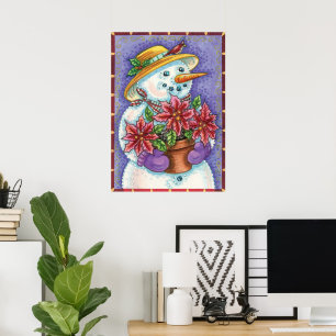 Poster Bonita Garota de Natal Snowman com Poinsettia