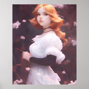 Poster Bonita Menina Entre Retrato De Flores Rosa