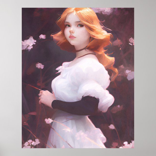 Poster Bonita Menina Entre Retrato De Flores Rosa (Frente)