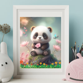 Poster Bonita Panda Sentada na Arte Floral Rosa