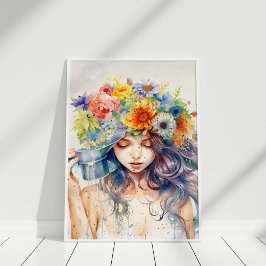 Poster Bonita pintura de menina com flores na cabeça