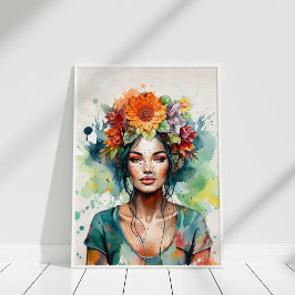 Poster Bonita pintura de menina com flores na cabeça