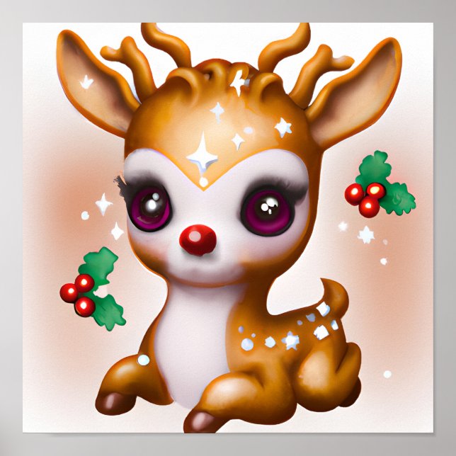 Poster Bonita Reindeer Kawaii com Holly e Glitter (Frente)