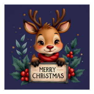 Póster Bonita Reindeja de Natal com Holly e Sinal