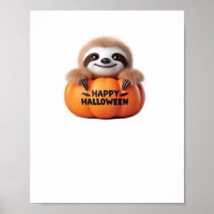 Poster Bonita Sloth sentada numa Pumpkin. Texto Feliz Hal