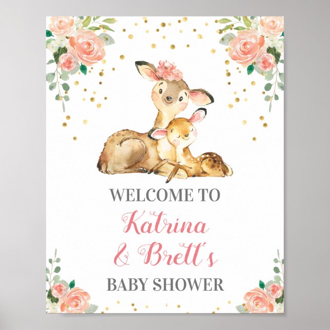 Poster Bonita Woodland Deer Co-Ed Baby Girl Chá Bem-vinda (Frente)