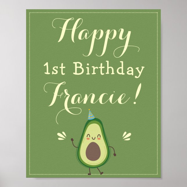 Poster Bonito Avocado Personalize primeiro aniversario Be (Frente)
