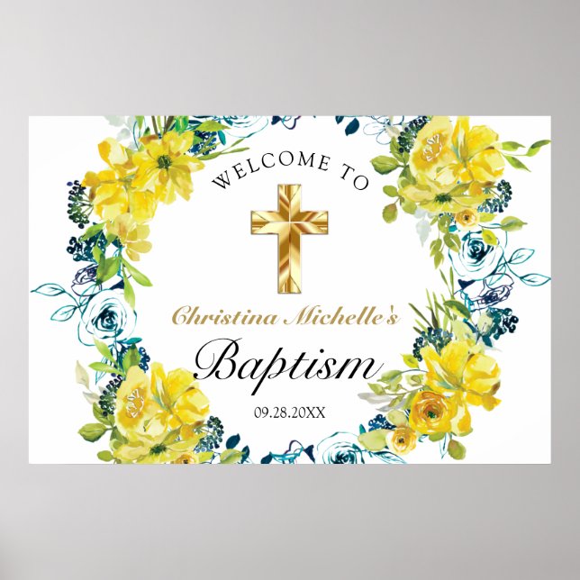 Poster Bonito Batismo Dourado Floral Amarelo (Frente)
