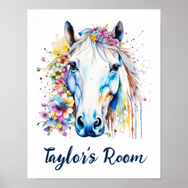 Poster Bonito Cavalo Branco Floral Personalizado (Frente)
