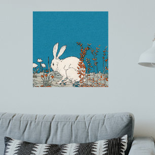 Poster Bonito Coelho Branco sentado em Flores no Azul