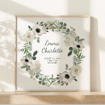 Poster Bonito Flores Brancas e Casas de Nascimento Verde<br><div class="desc">Este bonito poster de parto apresenta uma coroa floral com flores brancas e de cinza macia,  folhas e folhagem verdes,  de cor branca e clara,  sobre um simples fundo branco. Adicione o nome do seu bebê à moderna escrita de tendências e adicione todas as estatísticas de natalidade do recém-nascido.</div>