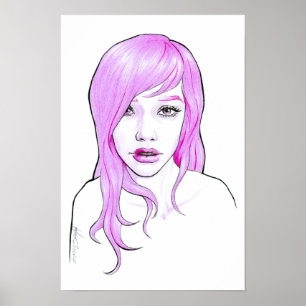 Póster Bonito garota retrato de cabelo cor-de-rosa rosto