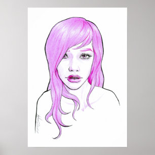 Póster Bonito garota retrato de cabelo cor-de-rosa rosto