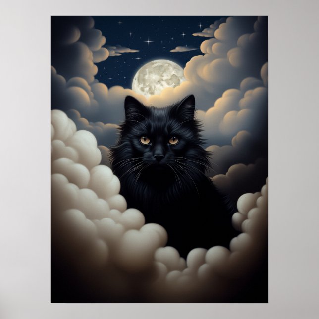 Poster Bonito Gato Negro Sentado Nas Nuvens (Frente)
