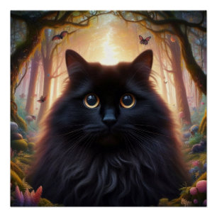 Póster Bonito gato preto fluffy com olhos Dourados