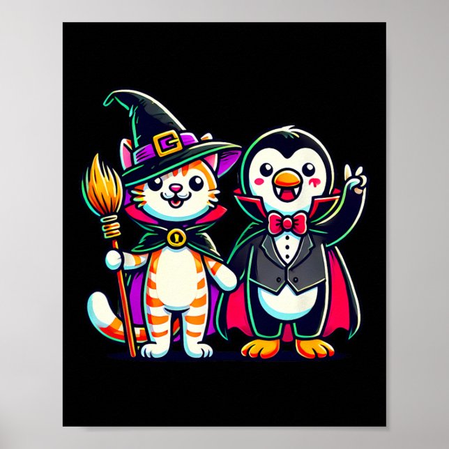 Poster Bonito Halloween Kids Pinguin Vampiro Cat Witn Fun (Frente)