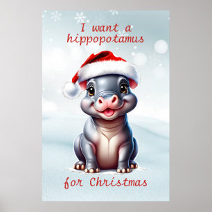 Poster Bonito Hippopotamus Santa Hat Snowy Natal