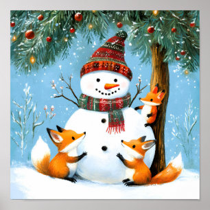 Poster Bonito Homem de Neve da Floresta de Inverno Raposa