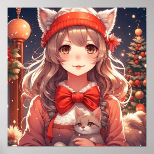 Poster Bonito Menina de Animação segurando Natal de Kitte