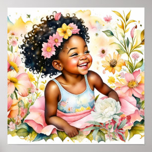 Poster Bonito Menina em Flores Rosa, Aquarela Arte
