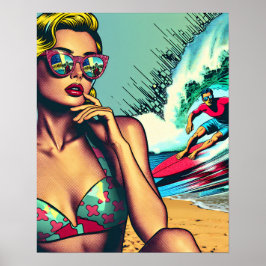 Poster Bonito mulher retrô loira e Cara de surfista