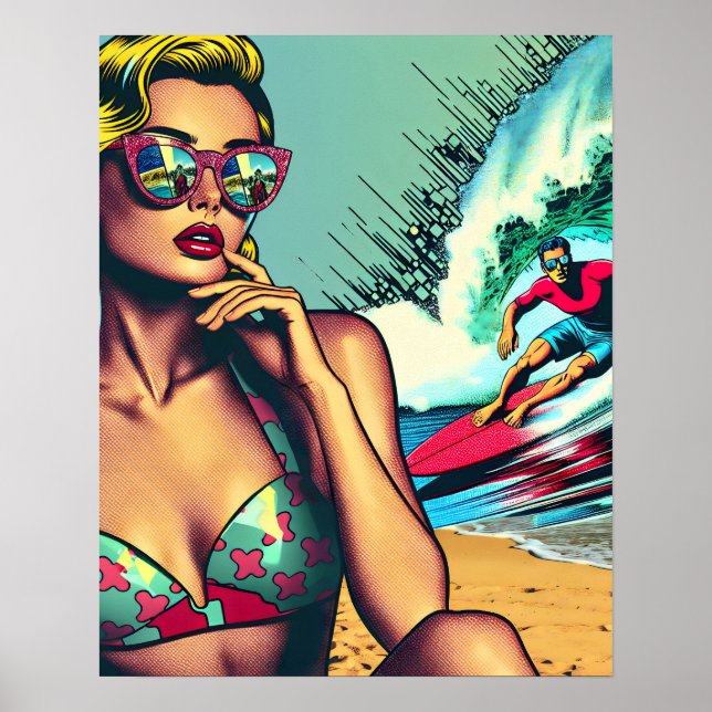 Poster Bonito mulher retrô loira e Cara de surfista (Frente)