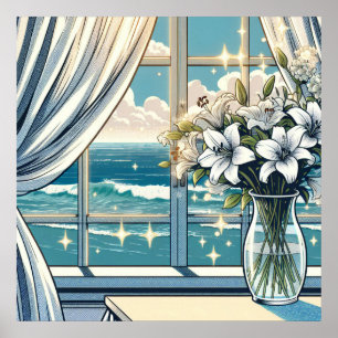 Poster Bonito Oceano Vista e Vaso de Flores