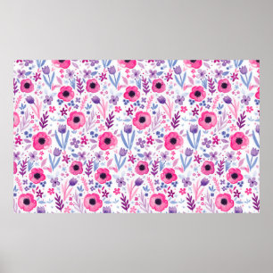 Poster Bonito padrão floral de cor aquosa. Pintado manua
