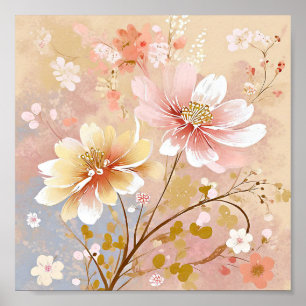 Poster Bonito pintura de flores rosa e amarelas