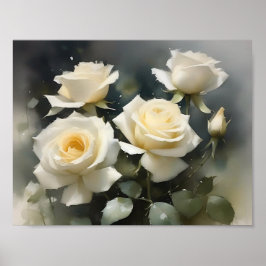 Poster Bonito pintura em aquarela do jardim de rosas bran