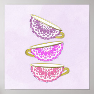 Póster Bonito rosa púrpura China Tea Cups Muro de Arte P