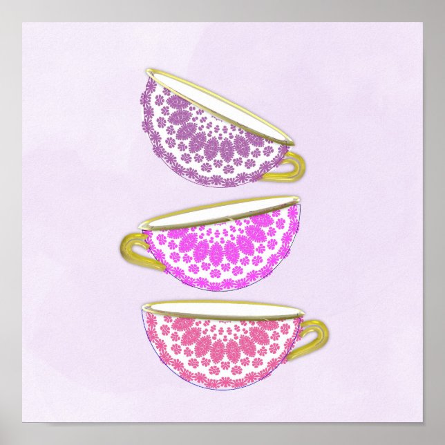 Póster Bonito rosa púrpura China Tea Cups Muro de Arte Po (Frente)