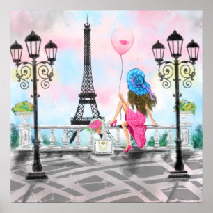 Poster Bonito senhora com balão de cor rosa - Eu amo Par