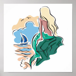 Póster bonito sereia sentada no rock