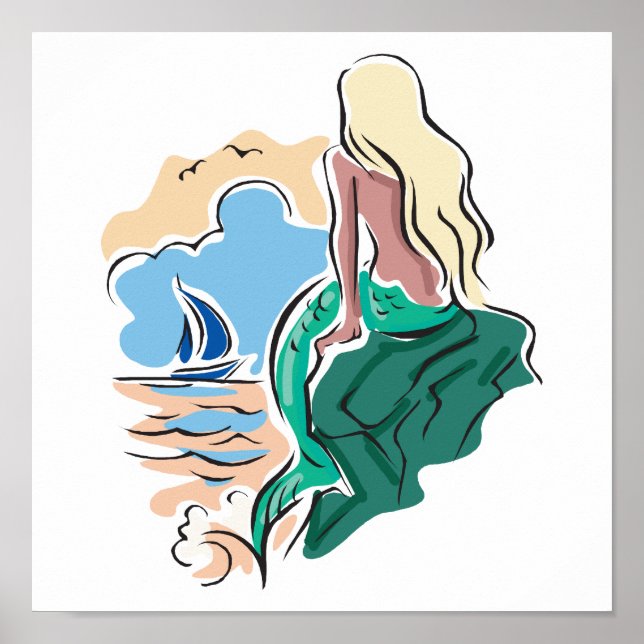 Póster bonito sereia sentada no rock (Frente)