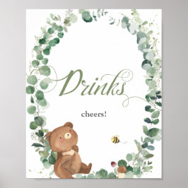 Poster Bonito Urso Verde Chá de fraldas Bebê Cinza Sinal