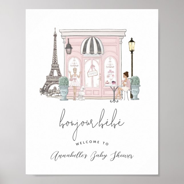 Poster Bonjour Bébé French Paris Cafe Baby Shower Welcome (Frente)