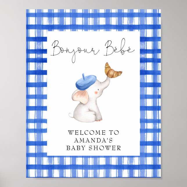 Poster Bonjour French Gingham Blue Welcome Chá de fraldas (Frente)
