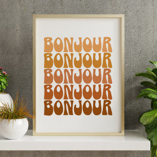 Poster Bonjour French Hello em Brown Groovy Retro Wall