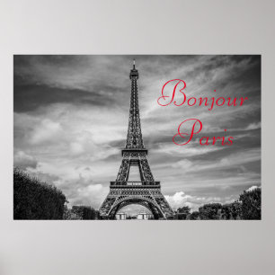 Póster Bonjour Paris Preto Branco Torre Eiffel Viagem