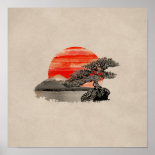 Poster Bonsai Pine Tree - Fuji Sunset